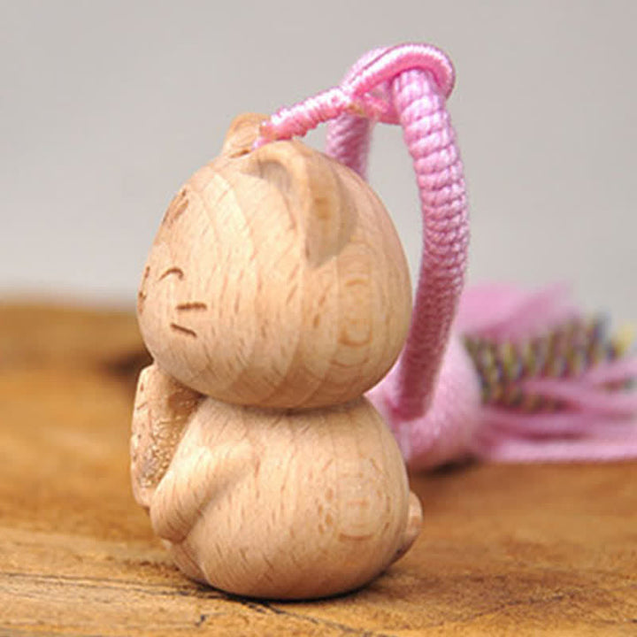Buddha Stones Hand-Carved Light Wood Lucky Cat Tassel Grounding Keychains - image 12
