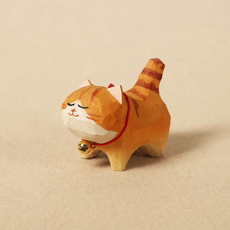 Buddha Stones Hand Carved Natural Wood Peace Cat Keychain Cute Animal Decor - Orange - image 1