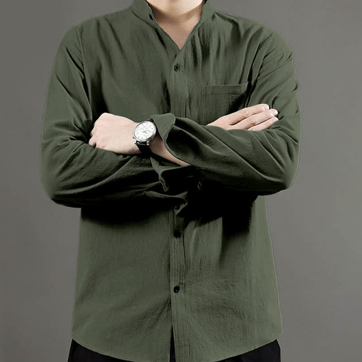 Buddha Stones Men's Long Sleeve Shirt With Pocket Stand Collar Comfort Shirt - image 6