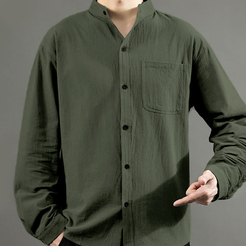 Buddha Stones Men's Long Sleeve Shirt With Pocket Stand Collar Comfort Shirt - image 7