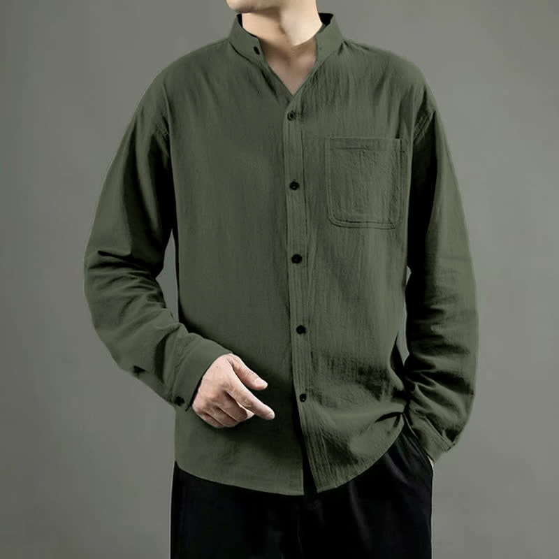 Buddha Stones Men's Long Sleeve Shirt With Pocket Stand Collar Comfort Shirt - OliveDrab - US/UK/AU46，EU56 (5XL) - image 0