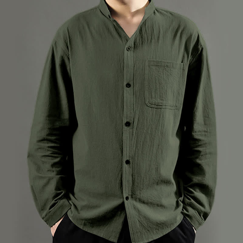 Buddha Stones Men's Long Sleeve Shirt With Pocket Stand Collar Comfort Shirt - image 1