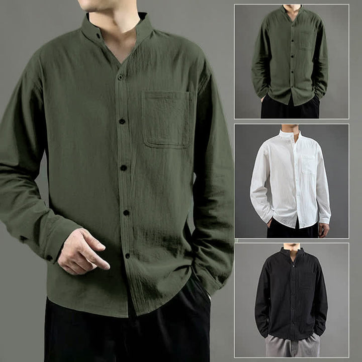 Buddha Stones Men's Long Sleeve Shirt With Pocket Stand Collar Comfort Shirt - image 8