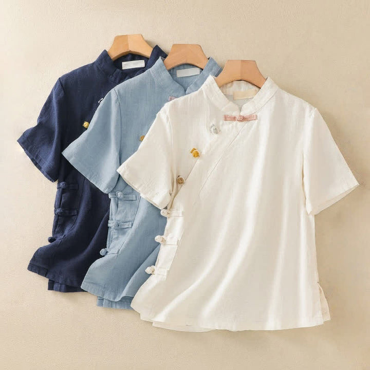 Buddha Stones Casual Plain Slant Stand Collar Collar Colorful Frog-Button Tang Suit Women's Cotton Linen Three Quarter Sleeve Shirt - image 24