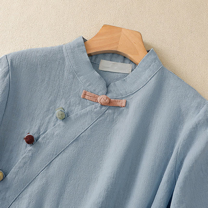 Buddha Stones Casual Plain Slant Stand Collar Collar Colorful Frog-Button Tang Suit Women's Cotton Linen Three Quarter Sleeve Shirt - image 17