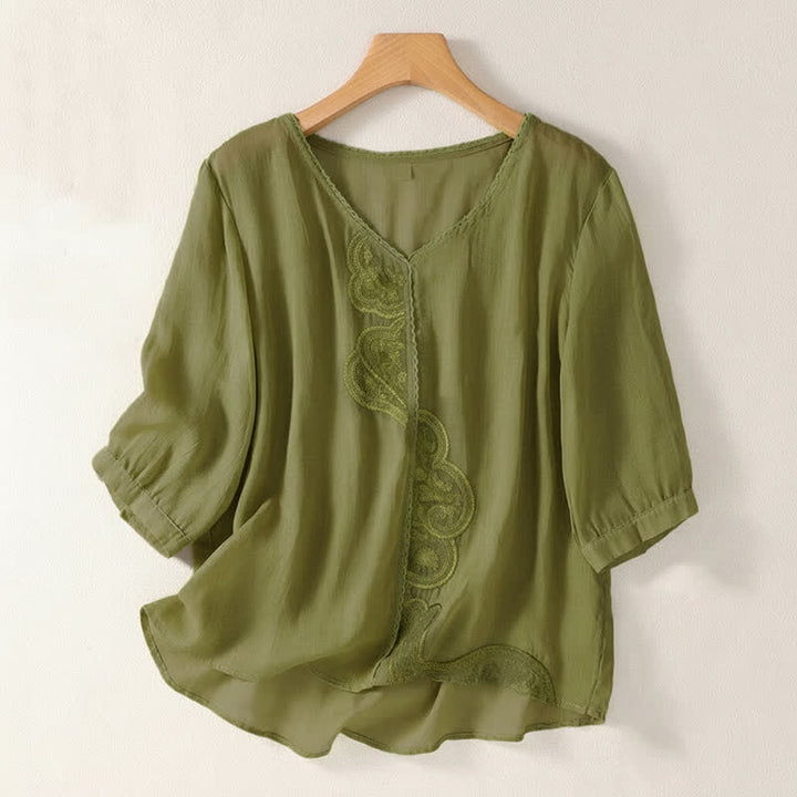 Buddha Stones Casual Embroidered Pattern Women's V-neck Design Half Sleeve T-Shirt - YellowGreen - US14，UK/AU18，EU46 (2XL) - image 16