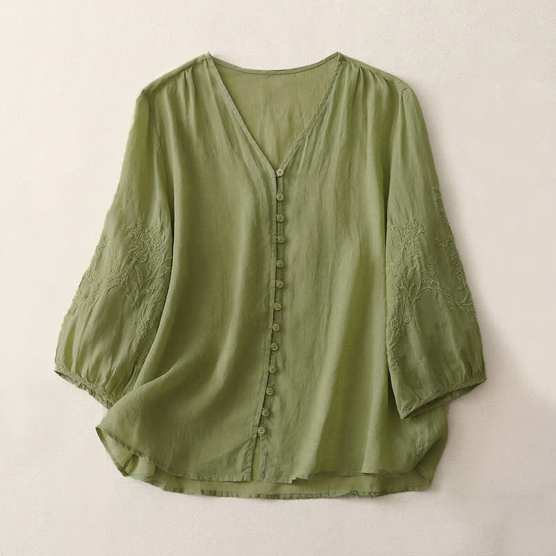 Buddha Stones Embroidery Button-down Women's Shirt - YellowGreen - US8-10，UK/AU12-14，EU40-42 (2XL) - image 0