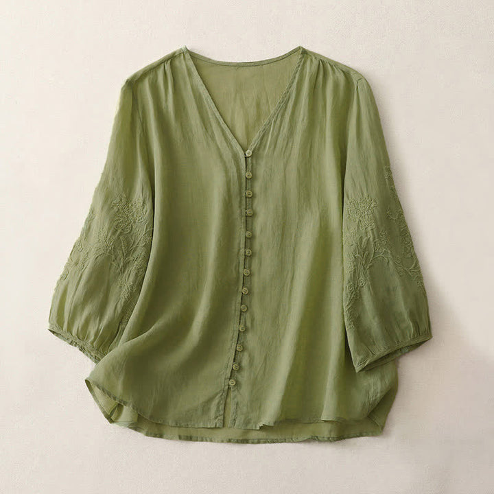 Buddha Stones Embroidery Button-down Women's Shirt - YellowGreen - US8-10，UK/AU12-14，EU40-42 (2XL) - image 0