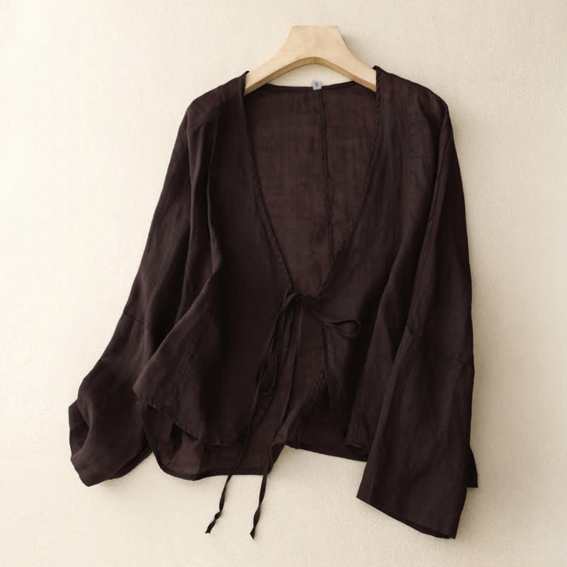 Buddha Stones Summer Plain Long Sleeve Lace-up Open Front Women's Kimono - SaddleBrown - US12，UK/AU16，EU44 (XL) - image 12