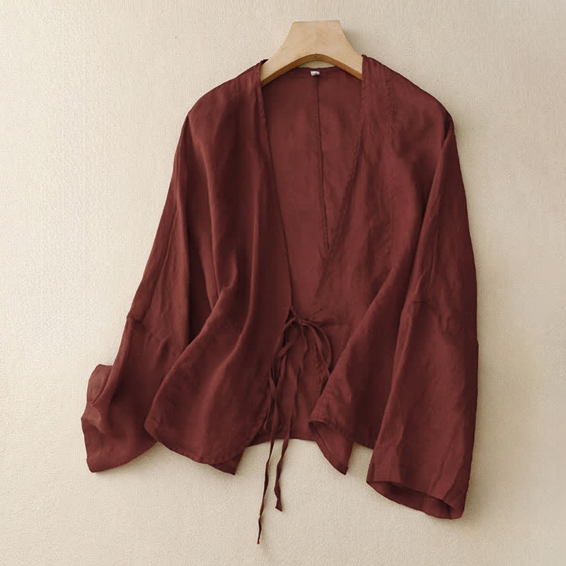 Buddha Stones Summer Plain Long Sleeve Lace-up Open Front Women's Kimono - DarkRed - US12，UK/AU16，EU44 (XL) - image 0