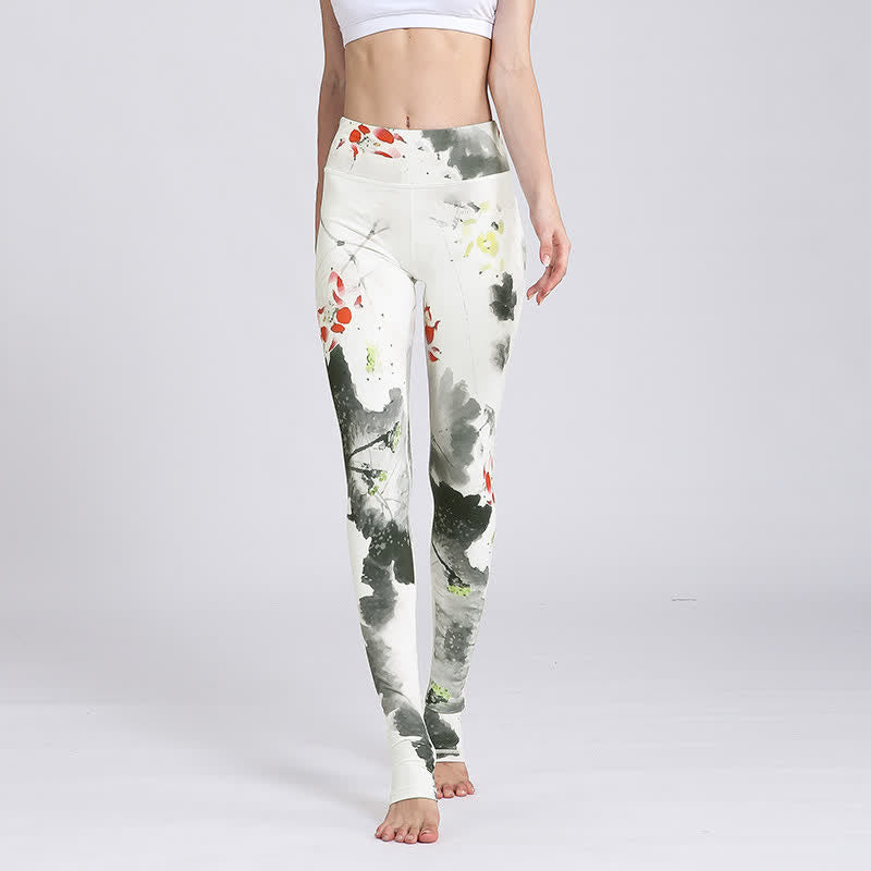 Buddha Stones Lotus Flower Print Design Pants Sports Fitness Yoga Leggings Women's Yoga Pants - White Ink Lotus - US8-10，UK/AU12-14，EU40-42 (XL) - image 26
