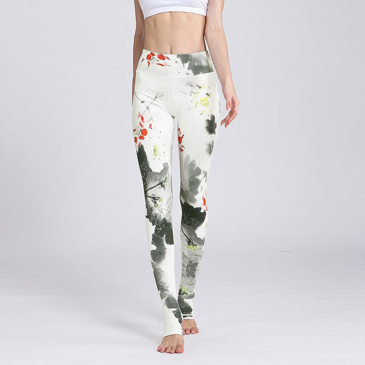Buddha Stones Lotus Flower Print Design Pants Sports Fitness Yoga Leggings Women's Yoga Pants - White Ink Lotus - US8-10，UK/AU12-14，EU40-42 (XL) - image 26
