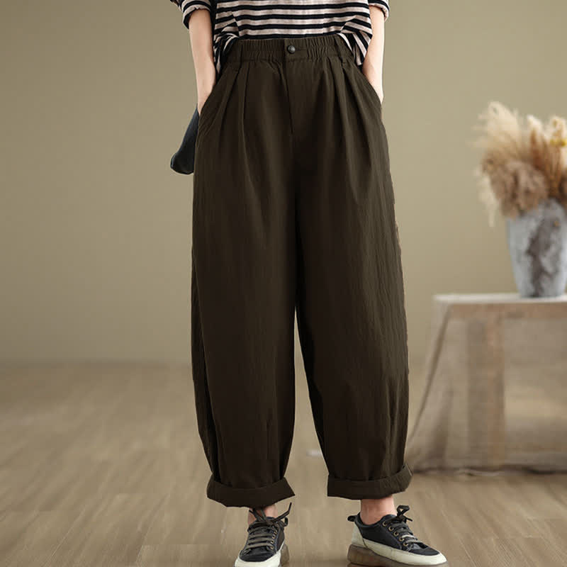 Buddha Stones Casual Solid Color One Top Button Elastic Waistband Women's Pants With Pockets - image 1