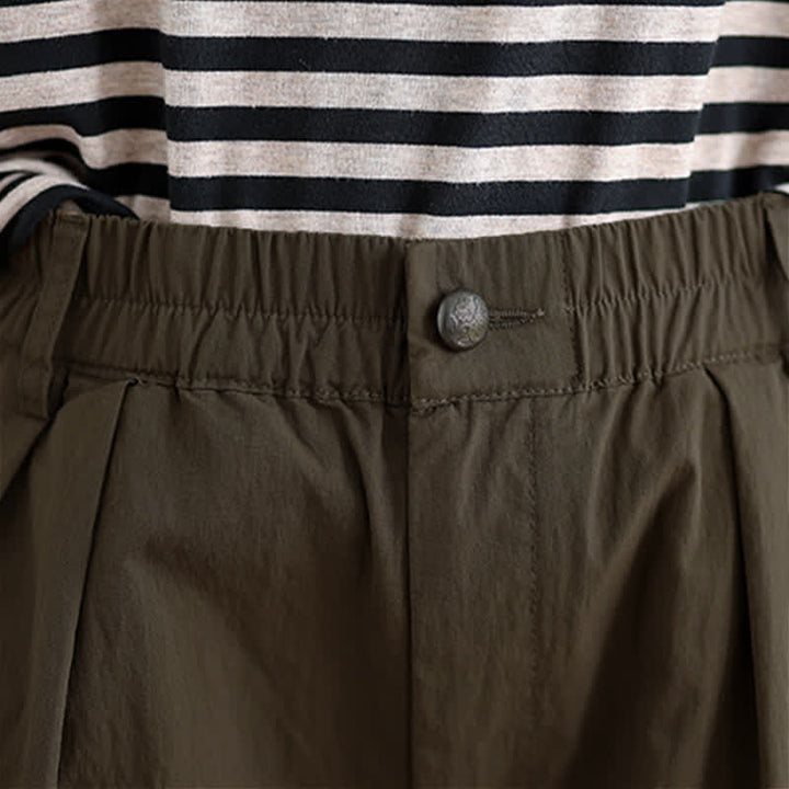 Buddha Stones Casual Solid Color One Top Button Elastic Waistband Women's Pants With Pockets - image 6