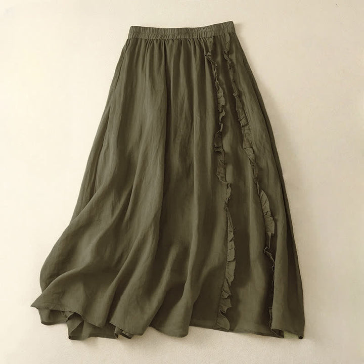 Buddha Stones Summer Plain Ruffle Design Women's Skirt - OliveDrab - US8-10，UK/AU12-14，EU40-42 (2XL) - image 0