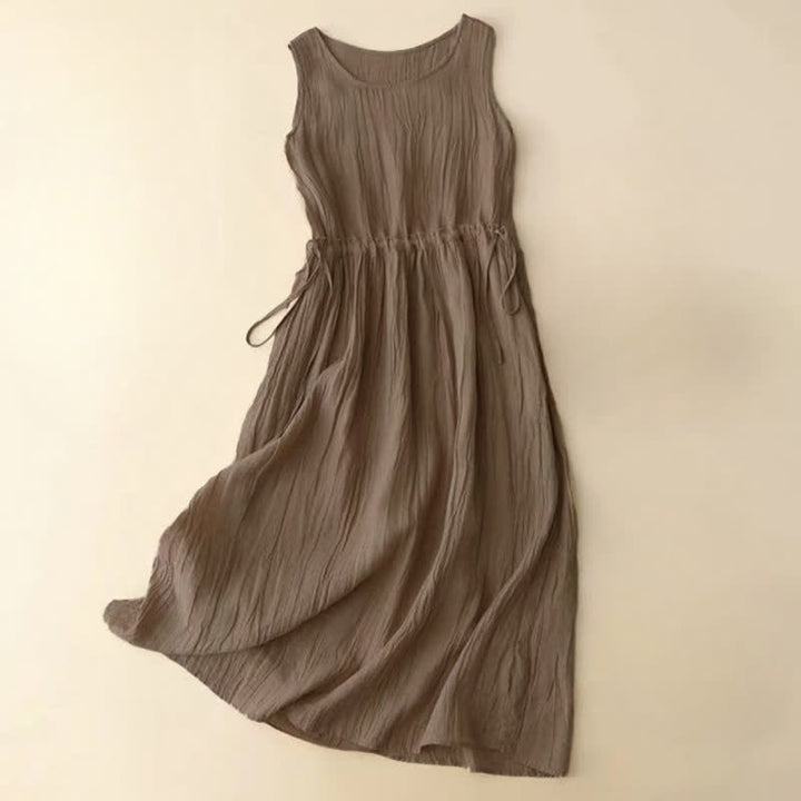 Buddha Stones Casual Plain Handmade Drawstring Waist Midi Dress Sleeveless Dress With Pockets - BurlyWood - US8-10，UK/AU12-14，EU40-42 (2XL) - image 0