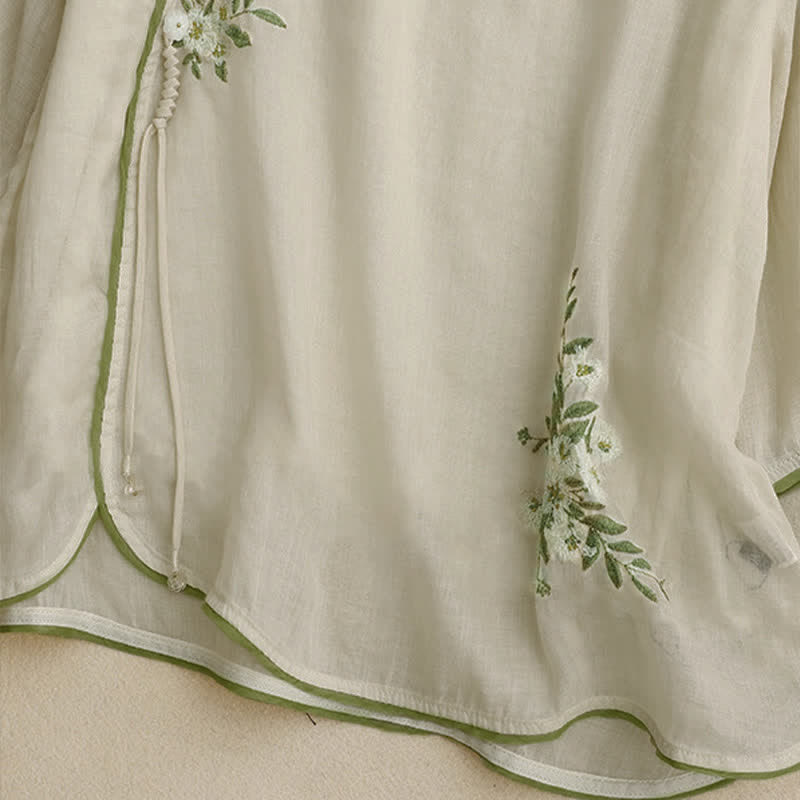 Buddha Stones Beige Floral Green Leaf Embroidery Crew Neck Three Quarter Sleeve Women's Shirt - image 5