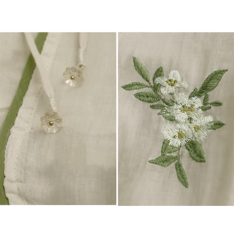 Buddha Stones Beige Floral Green Leaf Embroidery Crew Neck Three Quarter Sleeve Women's Shirt - image 10