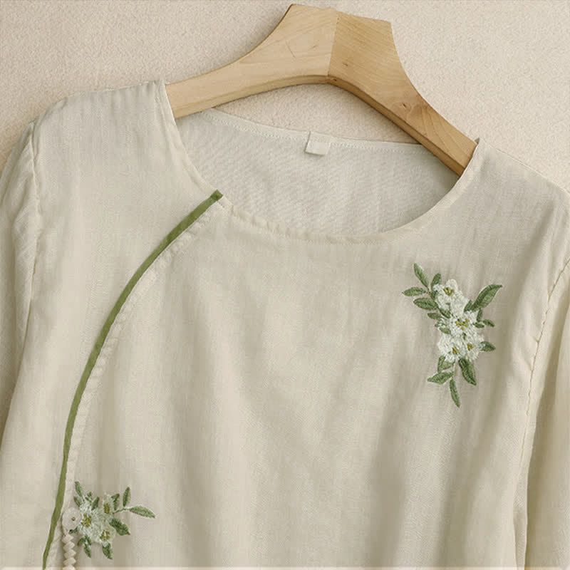 Buddha Stones Beige Floral Green Leaf Embroidery Crew Neck Three Quarter Sleeve Women's Shirt - image 2