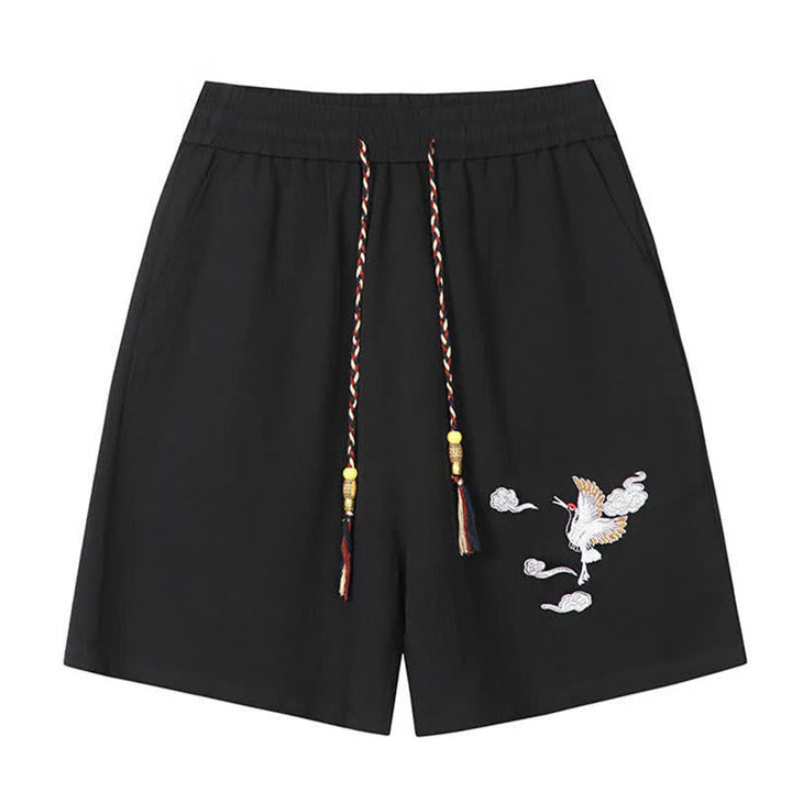 Buddha Stones Summer Casual Tang Style Embroidery Crane Auspicious Clouds Men's Shorts With Pockets - image 2