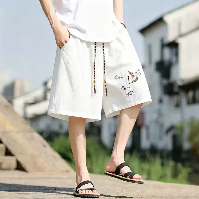 Buddha Stones Summer Casual Tang Style Embroidery Crane Auspicious Clouds Men's Shorts With Pockets - image 5