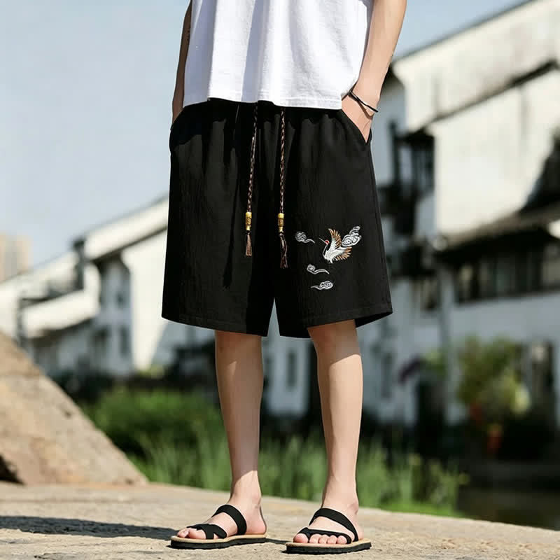 Buddha Stones Summer Casual Tang Style Embroidery Crane Auspicious Clouds Men's Shorts With Pockets - image 1