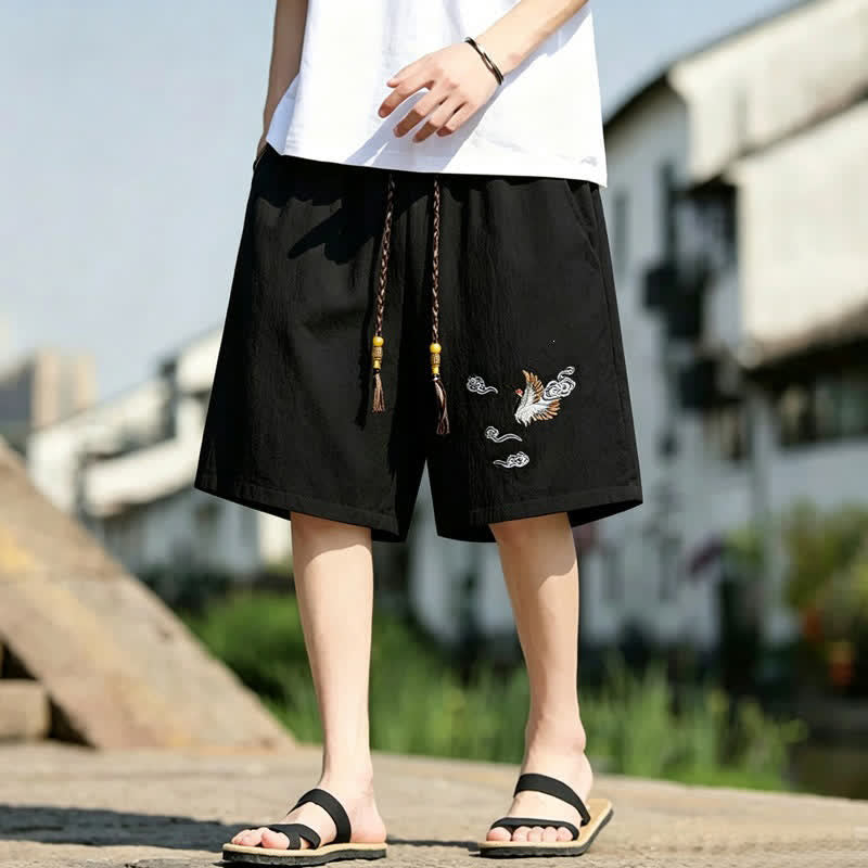 Buddha Stones Summer Casual Tang Style Embroidery Crane Auspicious Clouds Men's Shorts With Pockets - Black - US/UK/AU48, EU58 (6XL) - image 0
