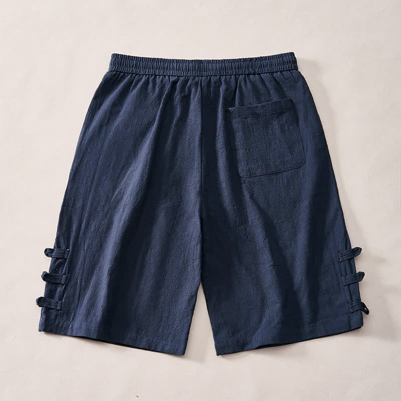 Buddha Stones Summer Casual Minimalist Drawstring Solid Decorative Side Frog Button Men's Shorts With Pockets - image 9