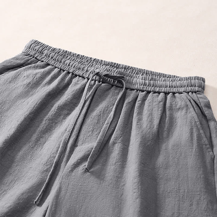 Buddha Stones Summer Casual Minimalist Drawstring Solid Decorative Side Frog Button Men's Shorts With Pockets - image 2