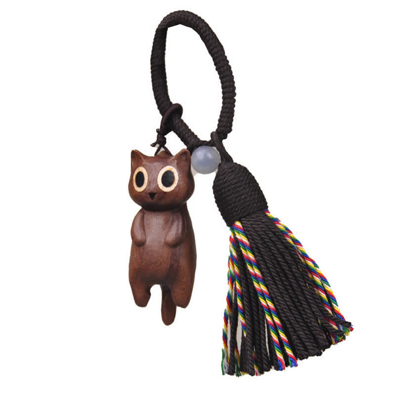 Buddha Stones Hand-Carved Peach Wood Cat Tassel Wealth Keychains - image 6