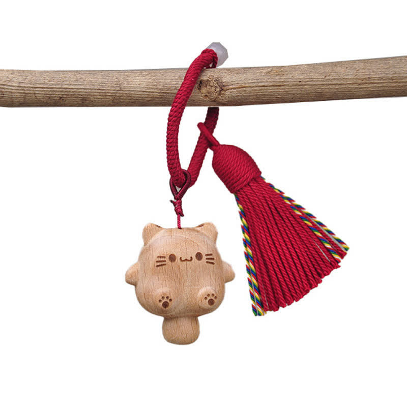 Buddha Stones Hand-Carved Natural Wood Lucky Cat Tassel Balance Keychains - Burgundy - image 6
