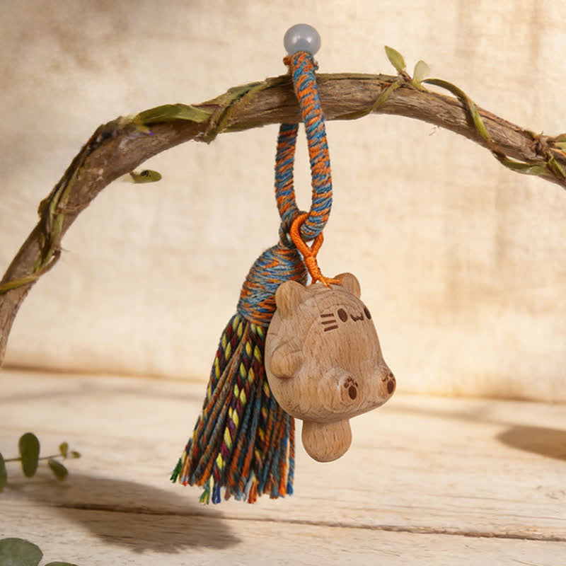 Buddha Stones Hand-Carved Natural Wood Lucky Cat Tassel Balance Keychains - image 2