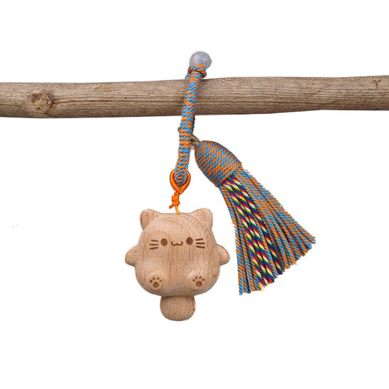 Buddha Stones Hand-Carved Natural Wood Lucky Cat Tassel Balance Keychains - Blue - image 1