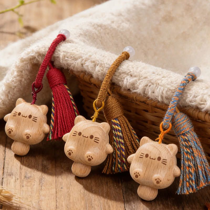 Buddha Stones Hand-Carved Natural Wood Lucky Cat Tassel Balance Keychains - image 0
