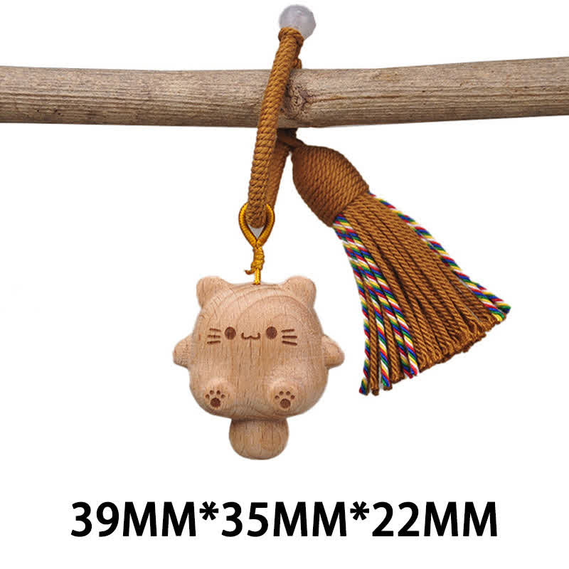 Buddha Stones Hand-Carved Natural Wood Lucky Cat Tassel Balance Keychains - Brown - image 4