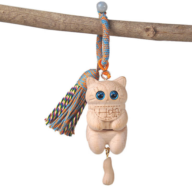 Buddha Stones Carved Natural Wood Cat Tassel Simplicity Keychains - image 3