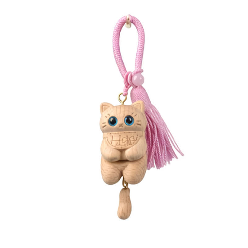 Buddha Stones Carved Natural Wood Cat Tassel Simplicity Keychains - Pink - image 6