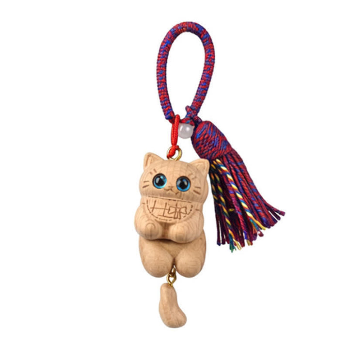 Buddha Stones Carved Natural Wood Cat Tassel Simplicity Keychains - Magenta - image 7