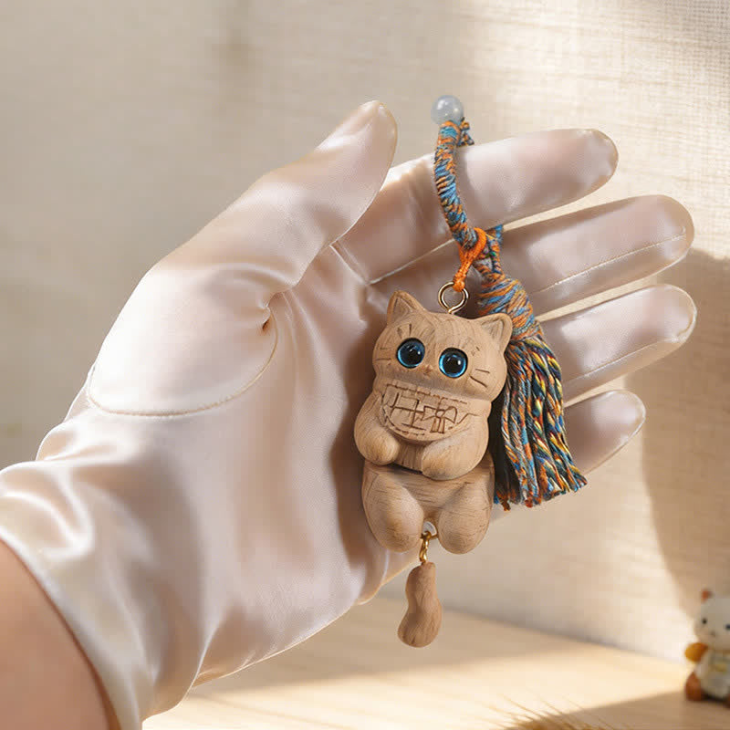 Buddha Stones Carved Natural Wood Cat Tassel Simplicity Keychains - image 2