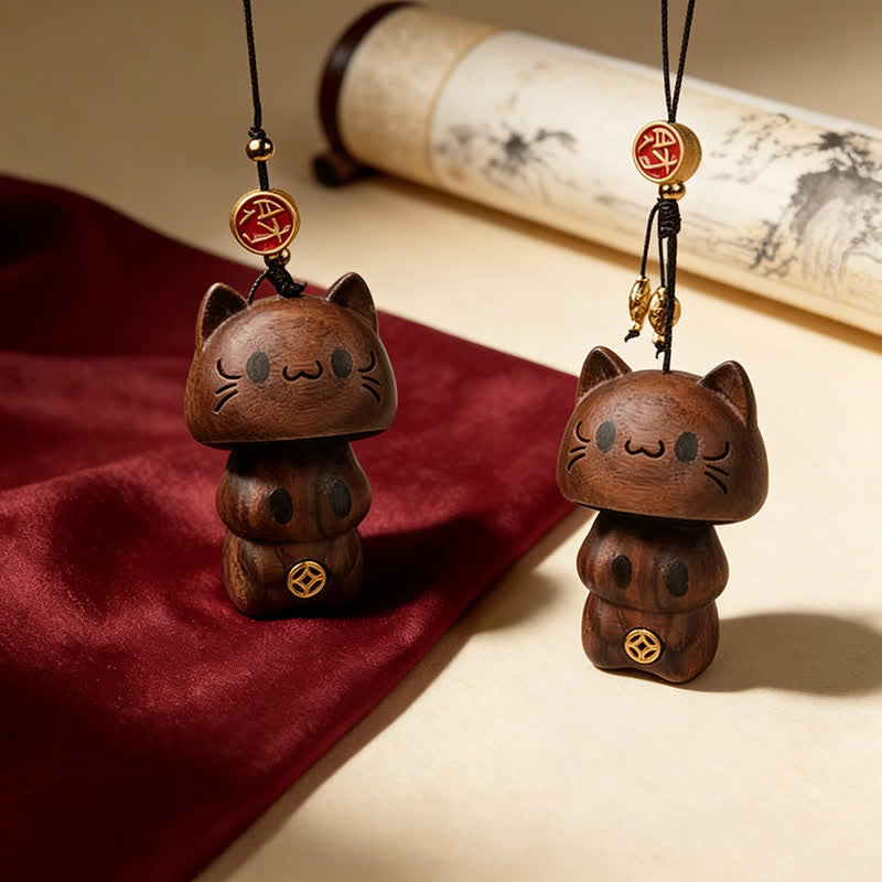 Buddha Stones Carved Natural Peach Wood Cute Cat Balance Keychains - image 6