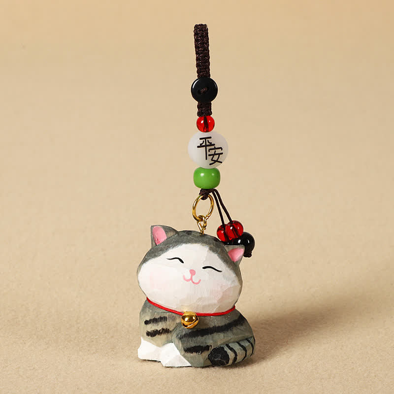 Buddha Stones Carved Wood Cat Om Mani Padme Hum Focus Keychains - Peaceful Striped Cat - image 10