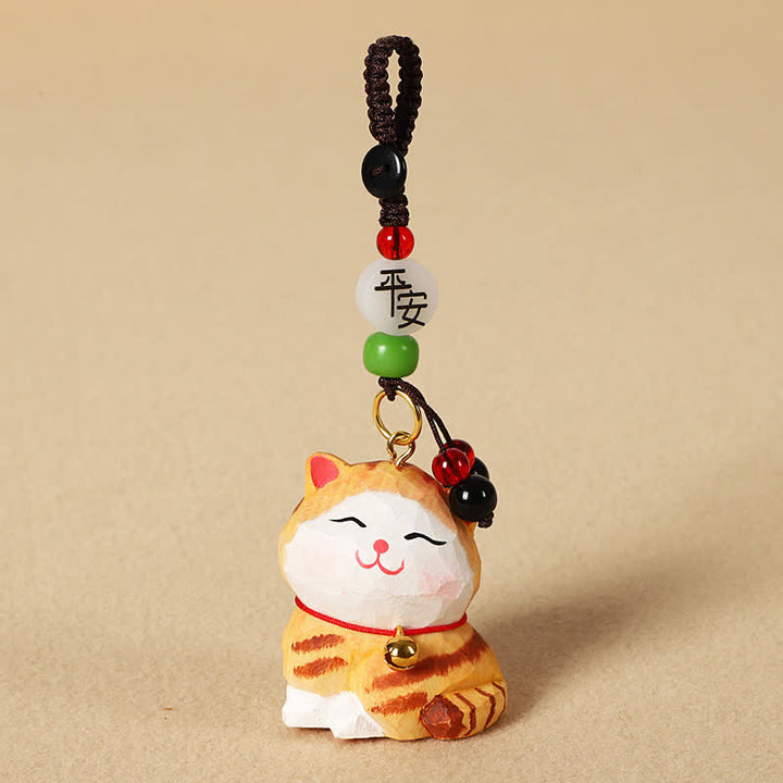Buddha Stones Carved Wood Cat Om Mani Padme Hum Focus Keychains - Peaceful Orange Cat - image 2