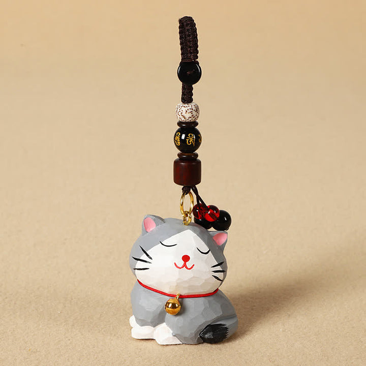 Buddha Stones Carved Wood Cat Om Mani Padme Hum Focus Keychains - Om Mani Padme Hum Gray Cat - image 14