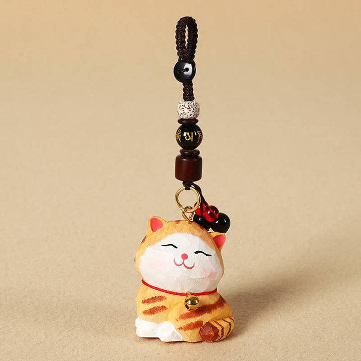 Buddha Stones Carved Wood Cat Om Mani Padme Hum Focus Keychains - Om Mani Padme Hum Orange Cat - image 3