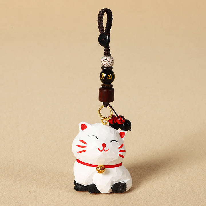 Buddha Stones Carved Wood Cat Om Mani Padme Hum Focus Keychains - Om Mani Padme Hum White Cat - image 8