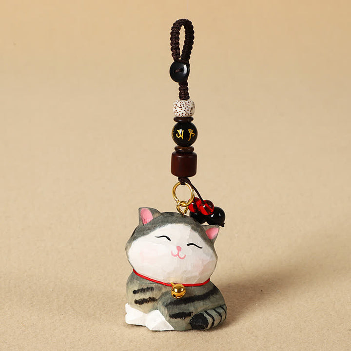 Buddha Stones Carved Wood Cat Om Mani Padme Hum Focus Keychains - Om Mani Padme Hum Striped Cat - image 11