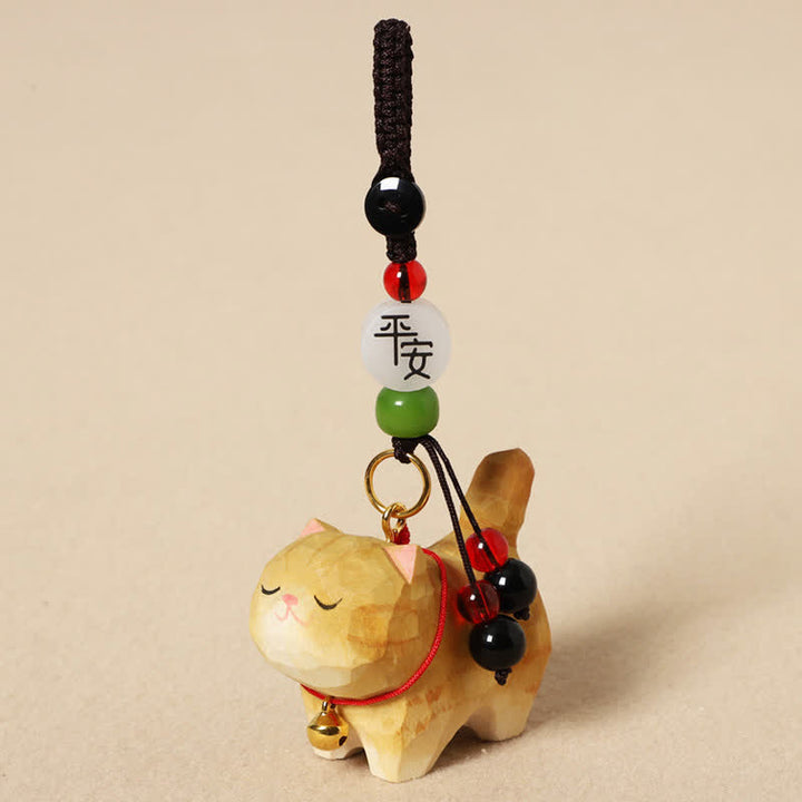 Buddha Stones Carved Wood Cat Om Mani Padme Hum Peace Keychains - Peaceful Yellow Cat - image 4