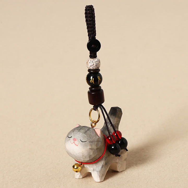 Buddha Stones Carved Wood Cat Om Mani Padme Hum Peace Keychains - Om Mani Padme Hum Gray Cat - image 2