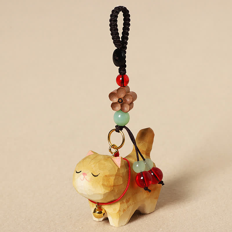 Buddha Stones Carved Wood Cat Om Mani Padme Hum Peace Keychains - Yellow Cat - image 3