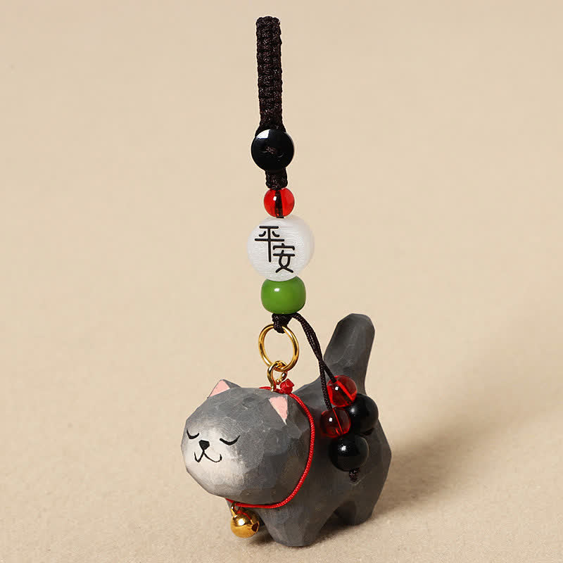 Buddha Stones Carved Wood Cat Om Mani Padme Hum Peace Keychains - Peaceful Dark Gray Cat - image 12